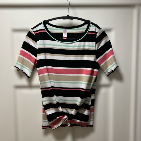 NWOT No Boundaries Soft Striped T-Shirt, Lettuce Edging, Front Knot, L - Picture 1 of 10